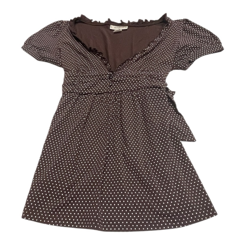 Self Esteem Brown Blouse with White Polka Dots